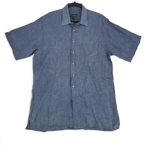 Scott Barber Linen Shirt L Blue Short Sleeve Button Up Coastal Resort‎ EUC